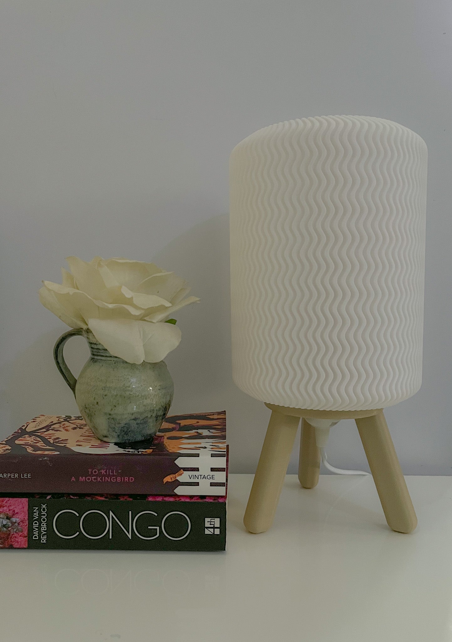 3D printed Hajō bedside/table lamp on a console