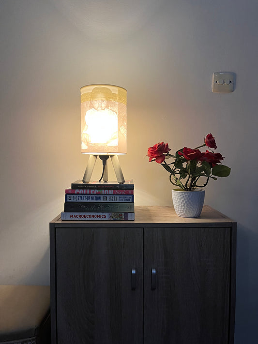 3D Printed Custom bedside/table Lamp on a console with books and flower pot