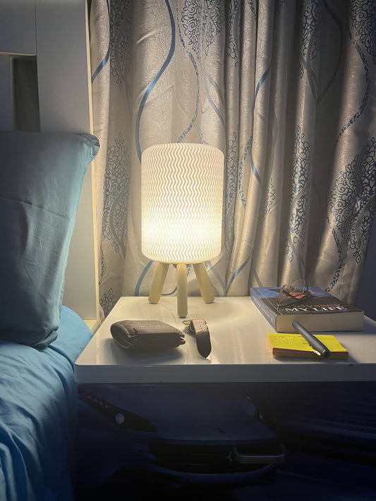 3D printed Burlywood Hajō bedside/table lamp on a bedside table 