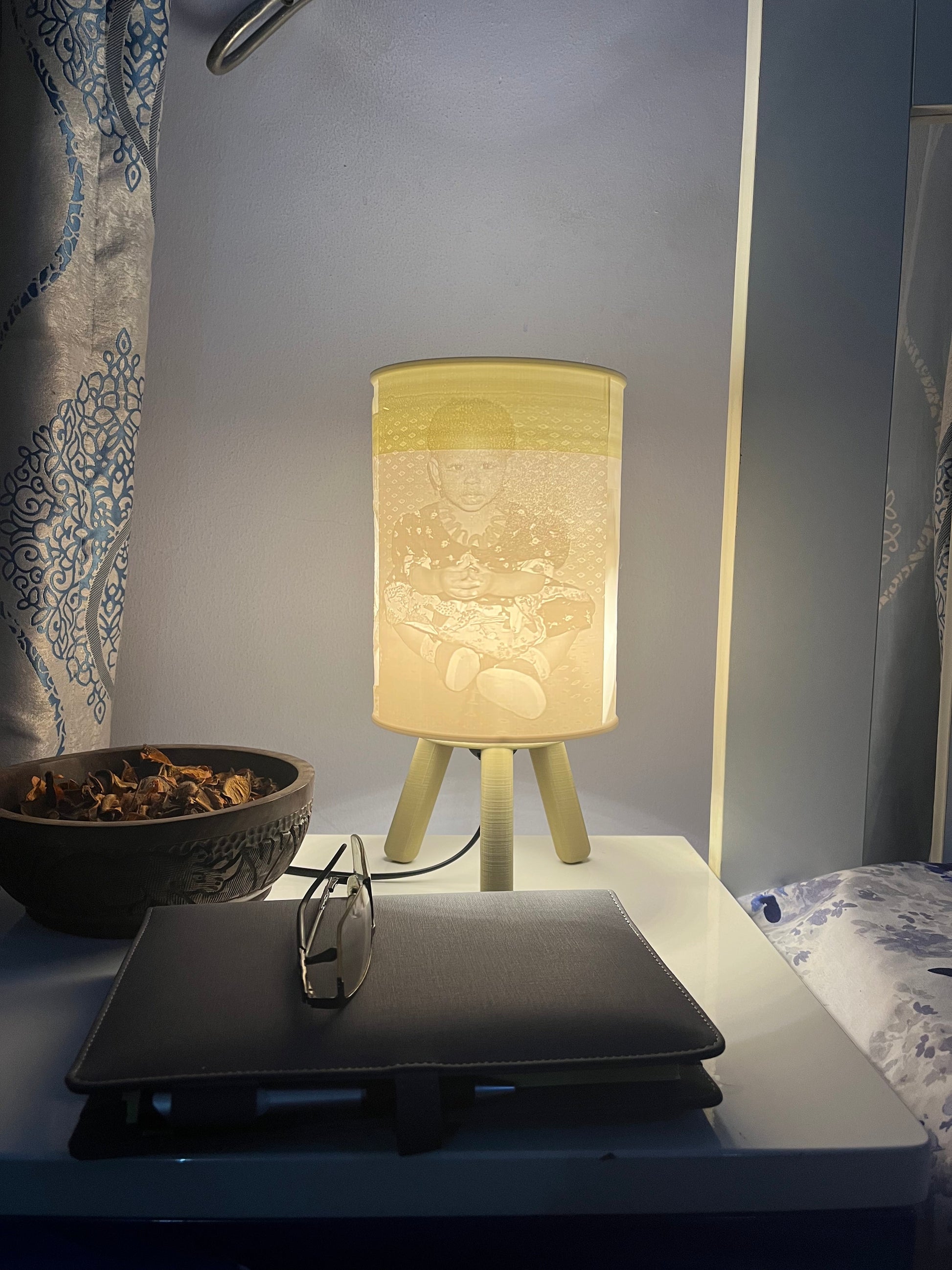 Burlywood 3D printed custom bedside/table lamp on a bedside table