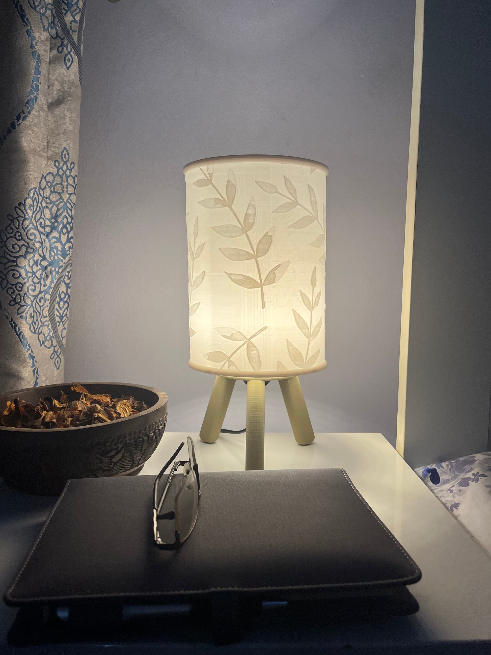 3D printed burlywood Hako bedside/table lamp on a bedside table